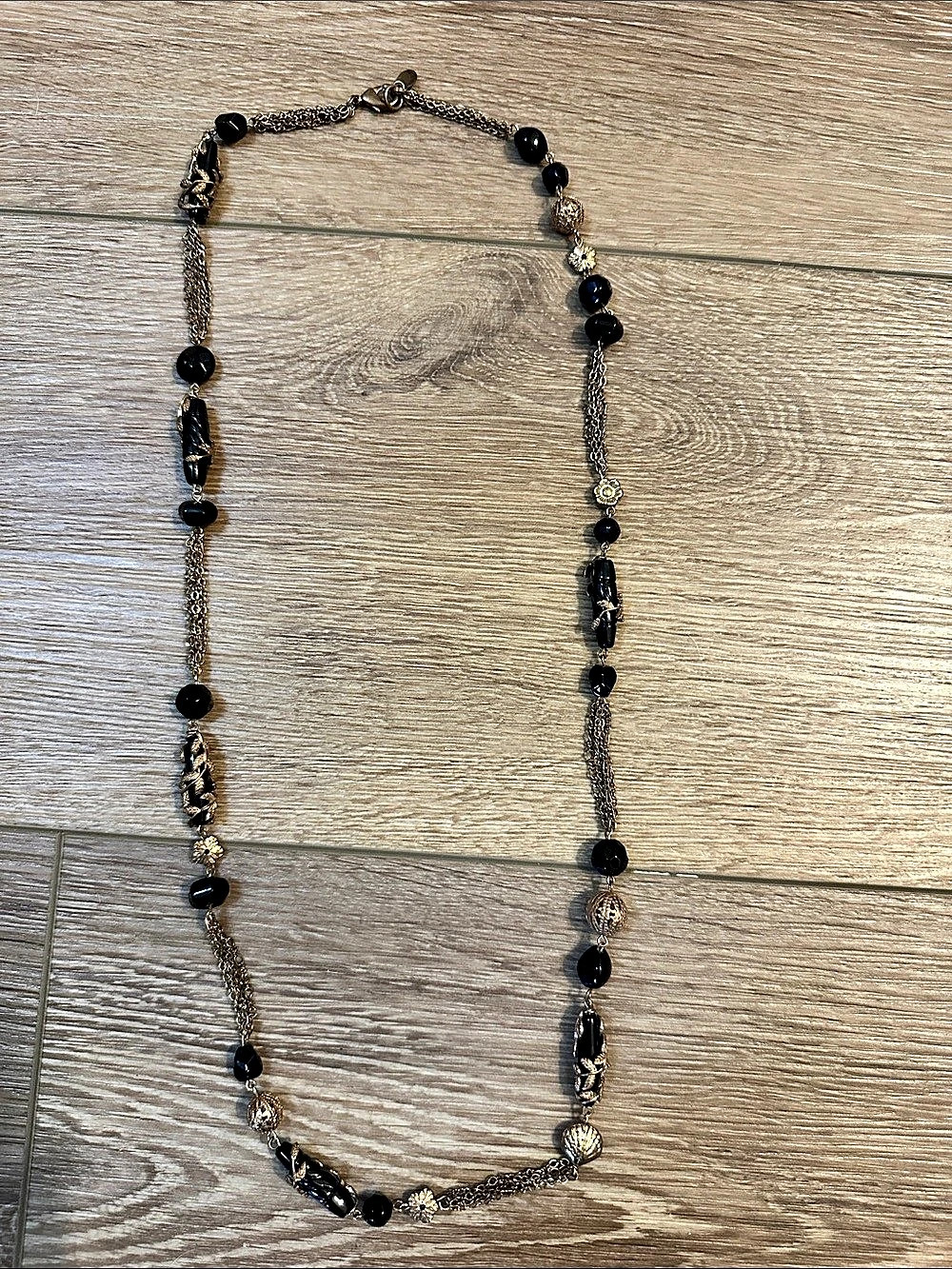 Vintage Black & Gold Beaded Chain Necklace with a/c tag